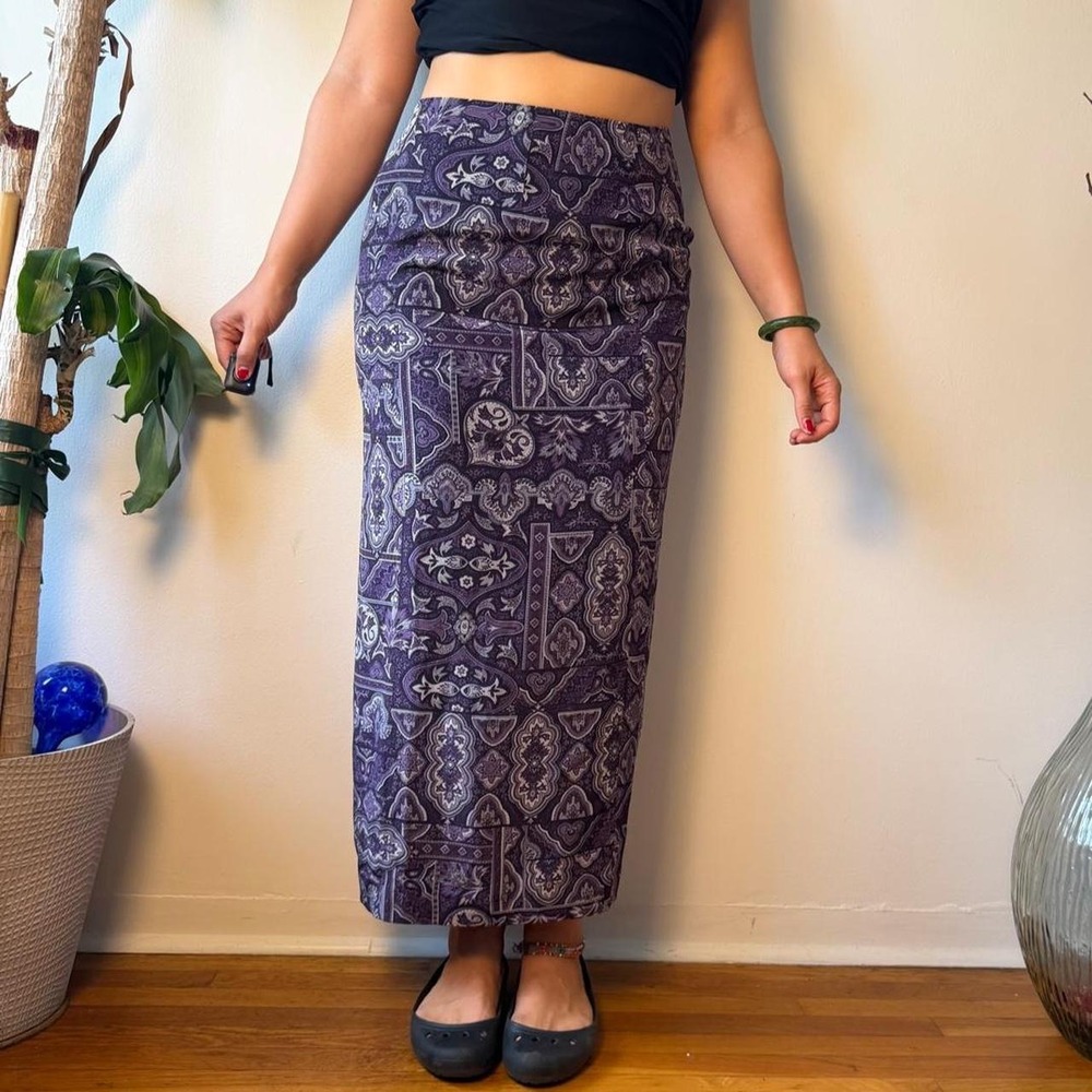 Vintage Talbots 100% Silk Purple Paisley Midi Skirt Whimsygoth 90s Boho Size 10